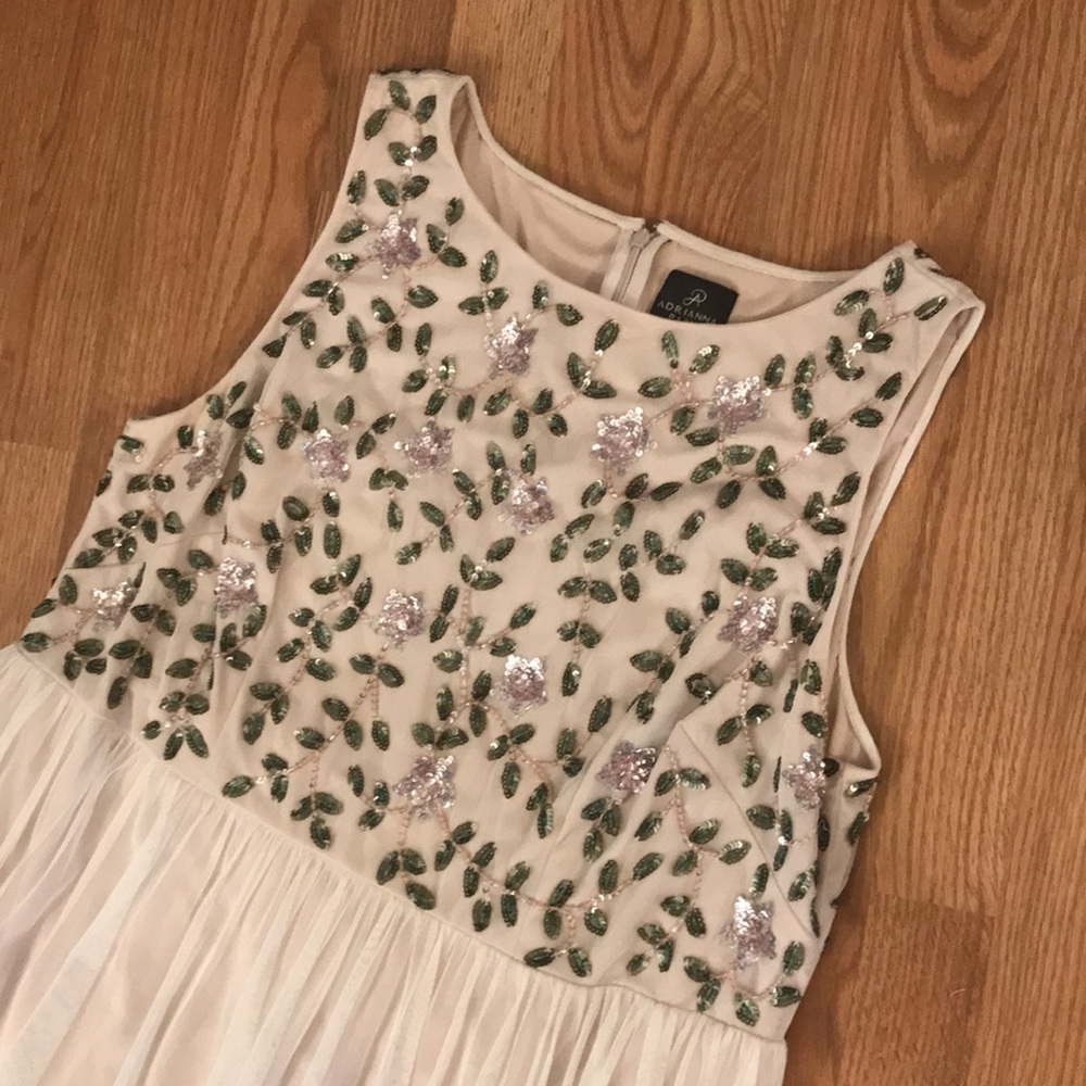 Adrianna Papell Cream Dress with Green and Silver Embellishments